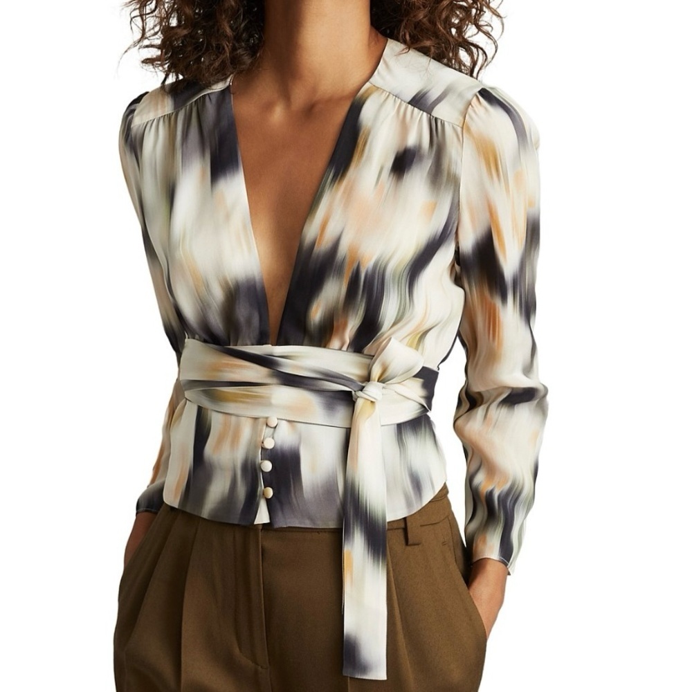 Reiss Alena Black and Gold Smudge Print Blouse - Size 8